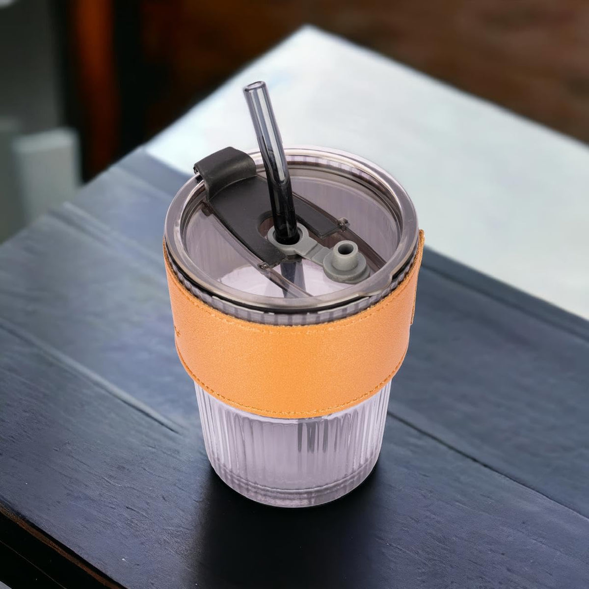 Glass Tumbler with Lid & Glass Straw Pack of 1, 450ml
