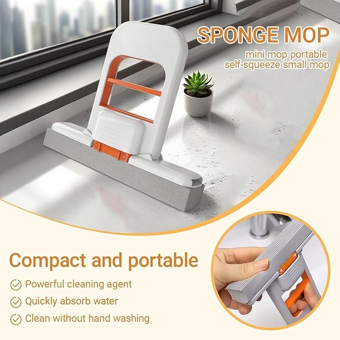 Mini Foldable Sponge Mop, Self-Squeeze Desktop Mop for Small Spaces, Wet & Dry Portable Cleaning Tool for Kitchen Countertops