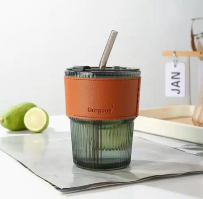 Glass Tumbler with Lid & Glass Straw Pack of 1, 450ml
