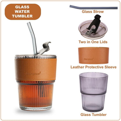 Glass Tumbler with Lid & Glass Straw Pack of 1, 450ml